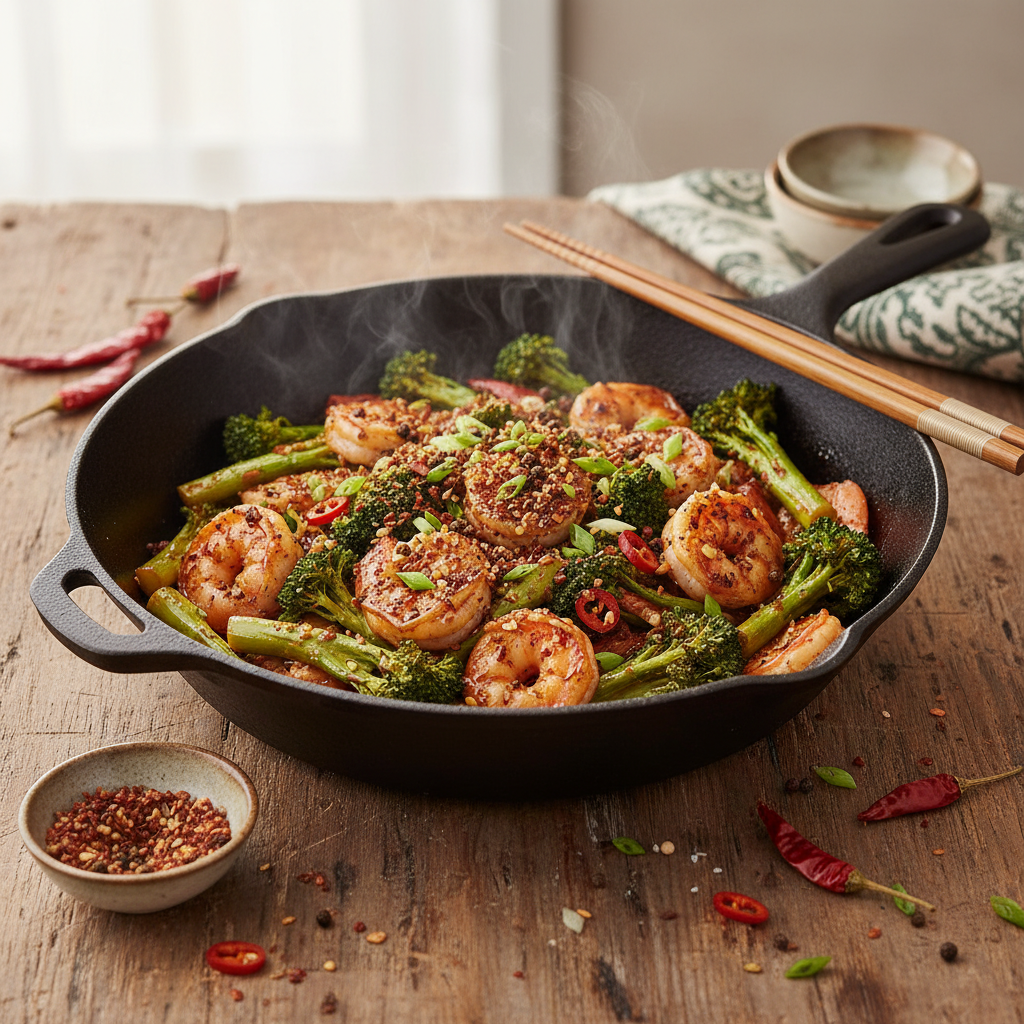 Wok de crevettes à l'ail et broccolini façon sichuanaise