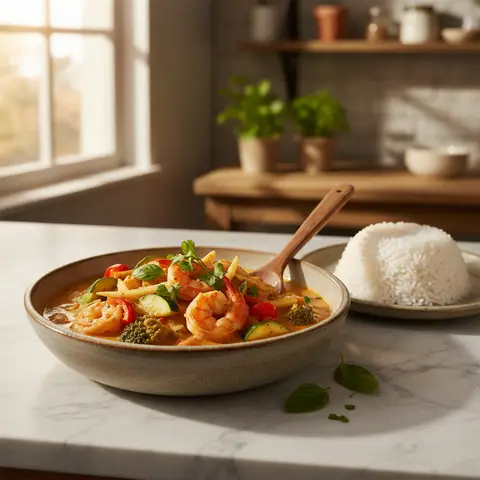 Thai-Curry mit Garnelen und Gemüse