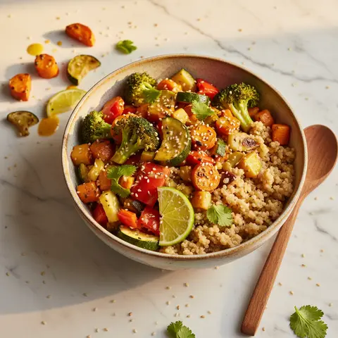 Buddha Bowl with Quinoa and Roasted Vegetables in Coconut Milk