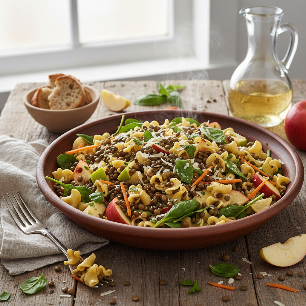 Salade chaude italienne aux pâtes, lentilles et pommes