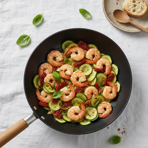 Wok mit Garnelen und Zucchini auf italienische Art