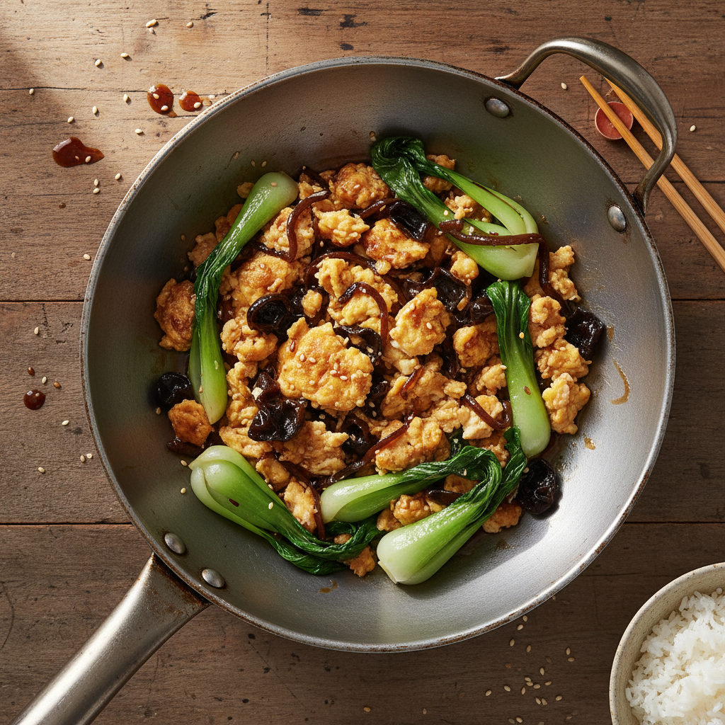 Wok chinois aux œufs et champignons noirs