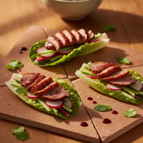 Lettuce Wraps with Lacquered Duck and Crispy Vegetables