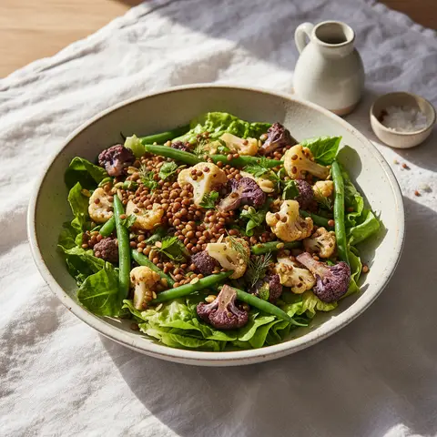 Gemischter Salat: Linsen, Blumenkohl und grüner Salat