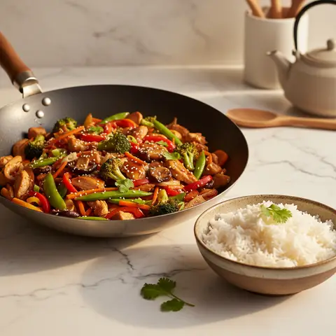 Asian Stir-Fried Chicken with Vegetables and Rice