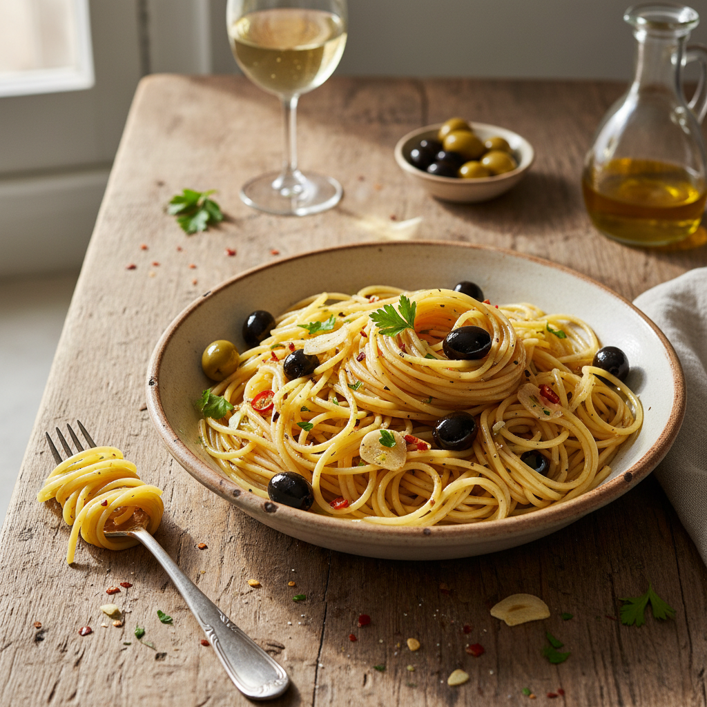 Spaghetti Aglio e Olio avec Olives