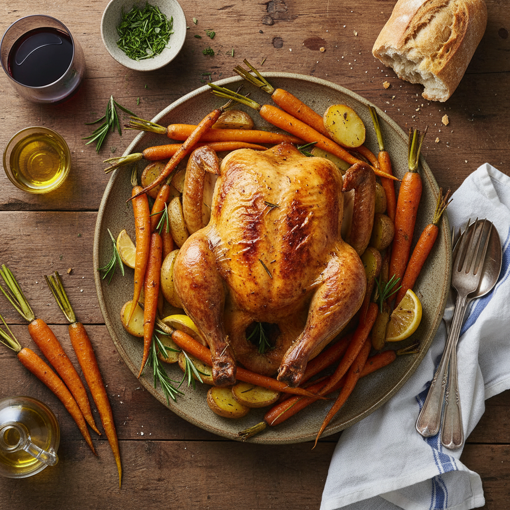 Poulet rôti aux carottes et pommes de terre