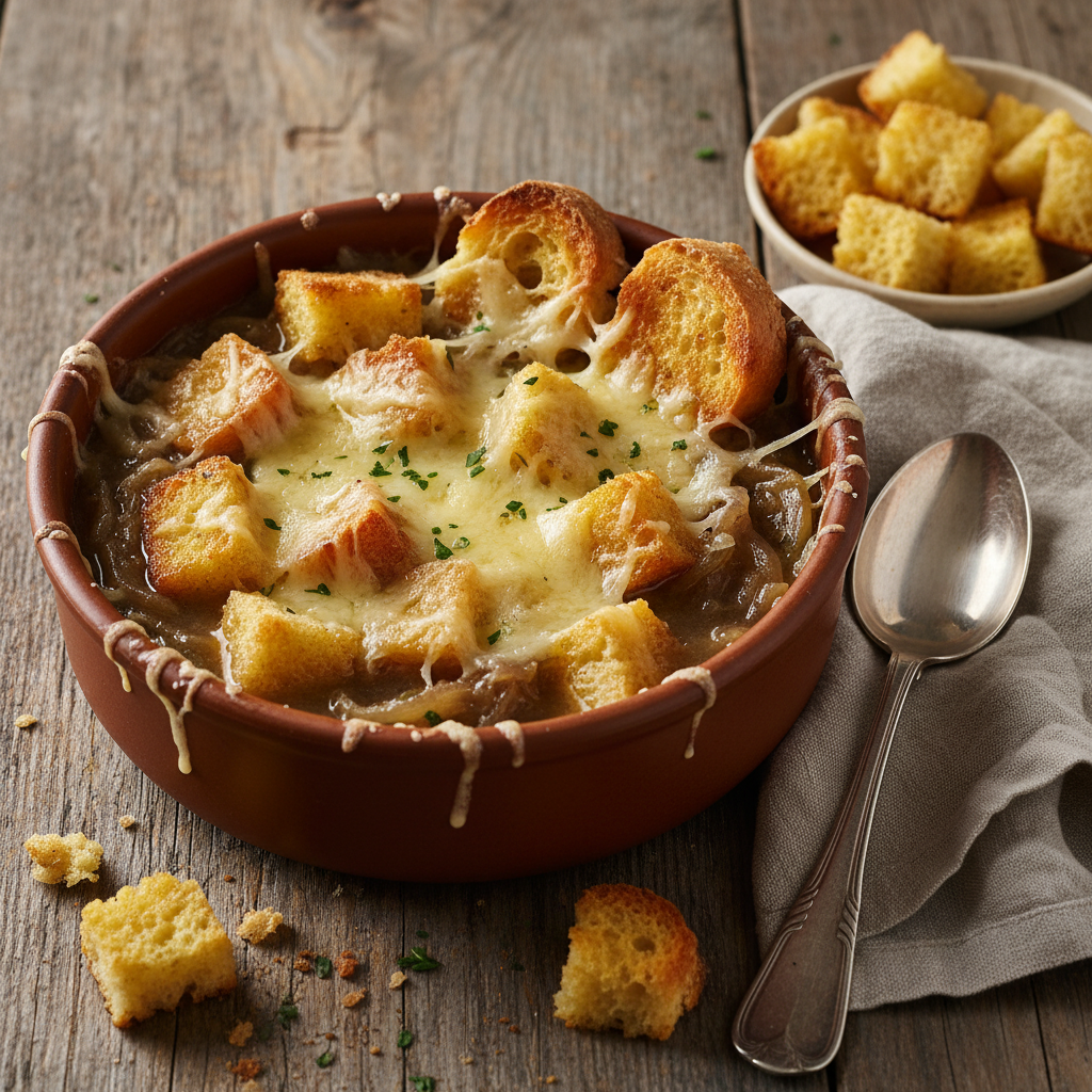 Soupe à l'oignon et pain croustillant