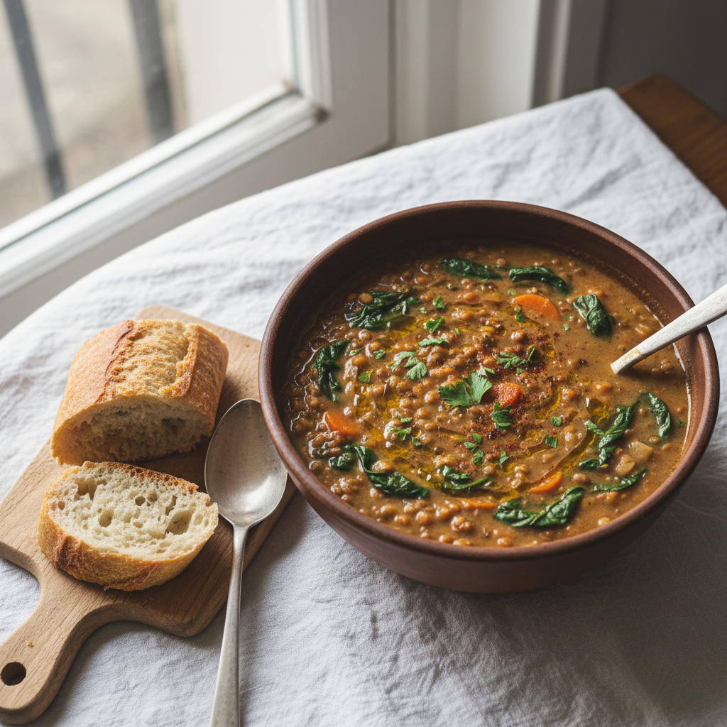 Soupe de lentilles et épinards
