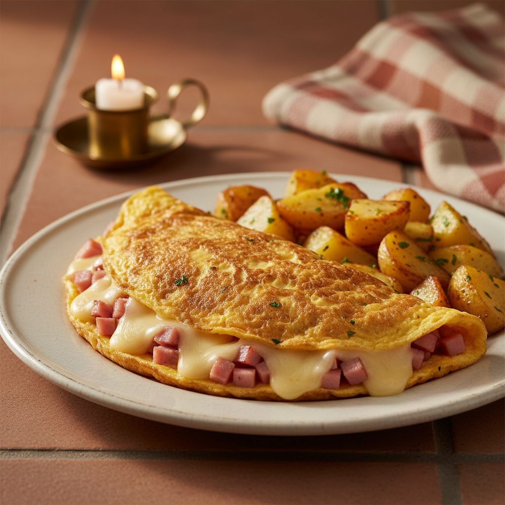 Omelette jambon-fromage aux pommes de terre sautées