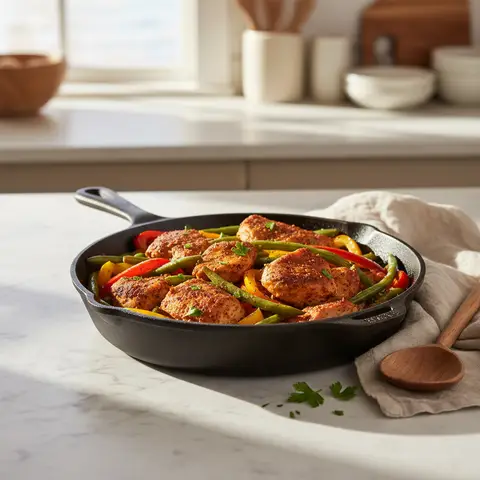 Putenbrust mit Cajun-Gewürzen, grünen Bohnen und Paprika aus dem Ofen