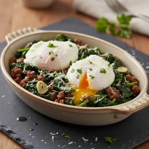 Pochierte Eier à la Florentine mit Hackfleisch und Spinat