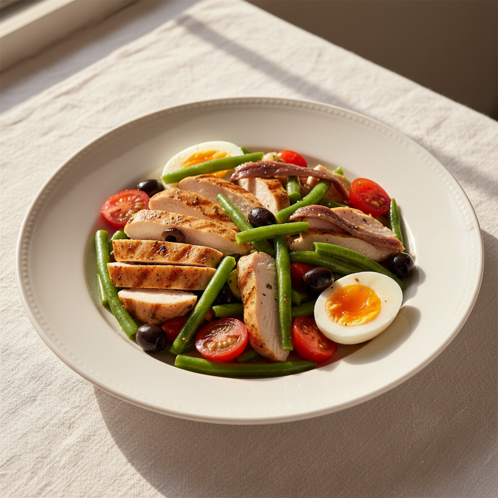 Salade niçoise au poulet, haricots verts et anchois