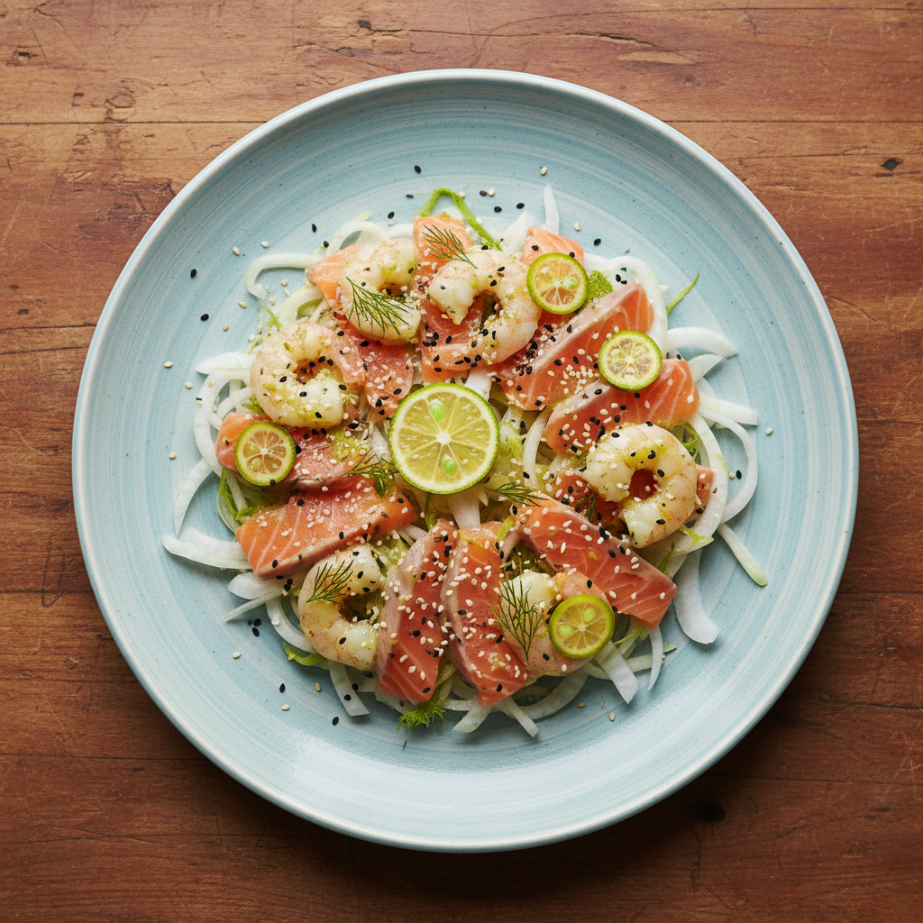 Carpaccio de saumon et crevettes au yuzu