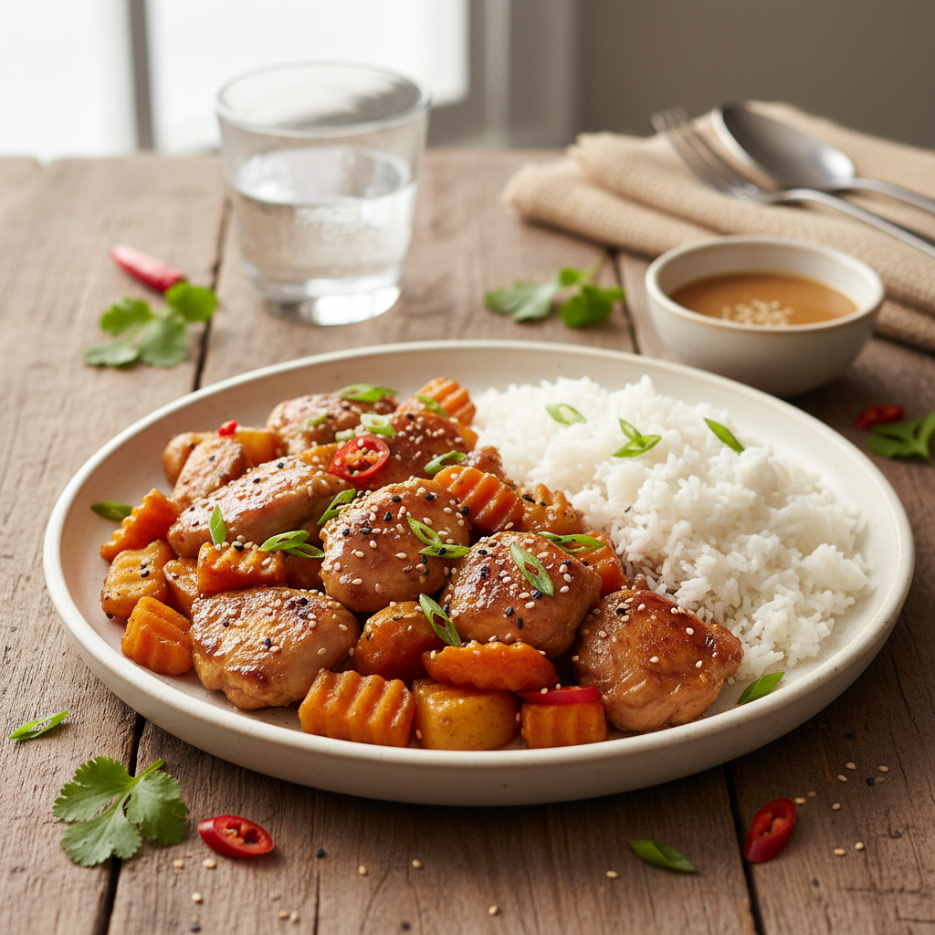 Poulet sauté à l'asiatique avec riz et légumes