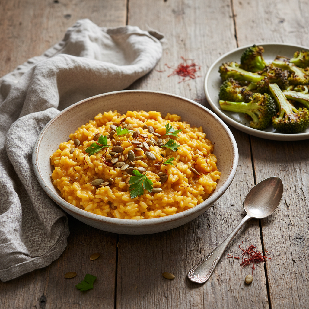 Risotto à la Citrouille et Safran avec Brocoli Rôti