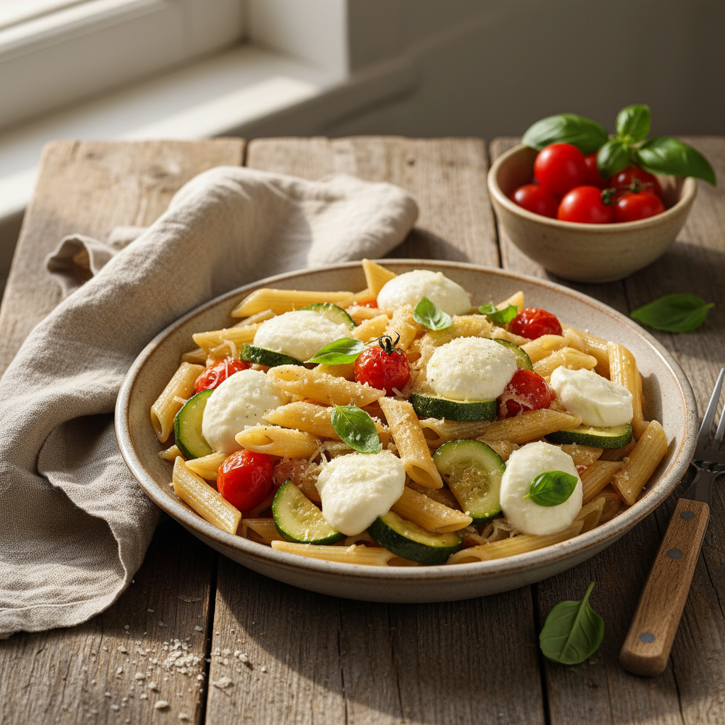 Penne aux Courgettes, Tomates et Mozzarella