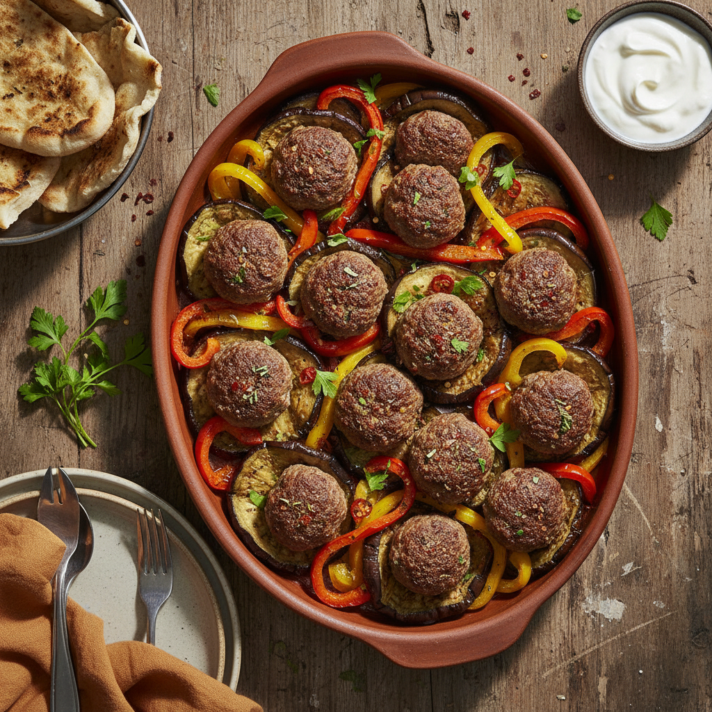 Boulettes de boeuf au four avec aubergines et poivrons