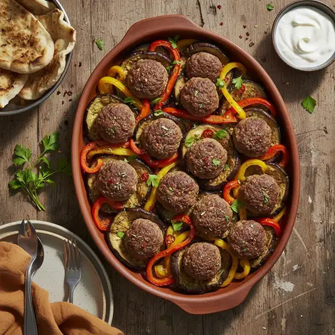 Boulettes de boeuf au four avec aubergines et poivrons