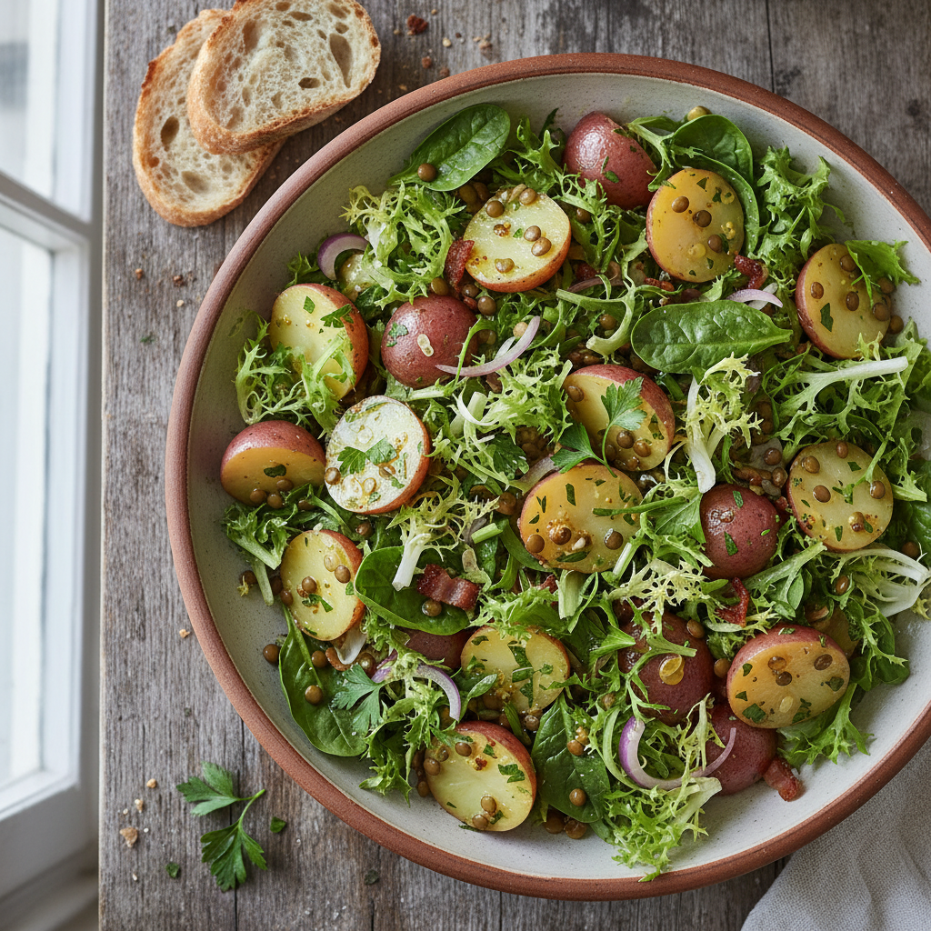 Salade tiède de pommes de terre et lentilles