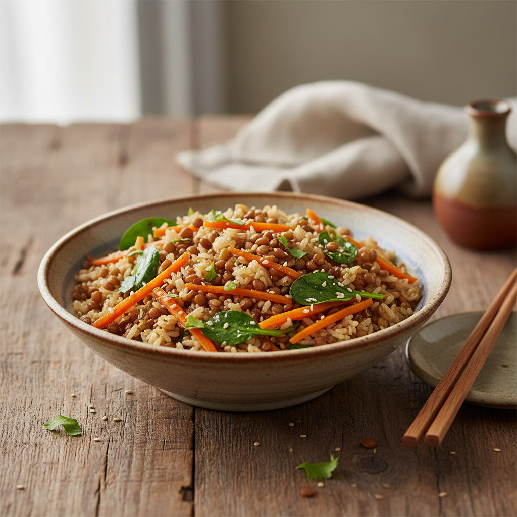 Riz sauté aux lentilles et légumes du wok