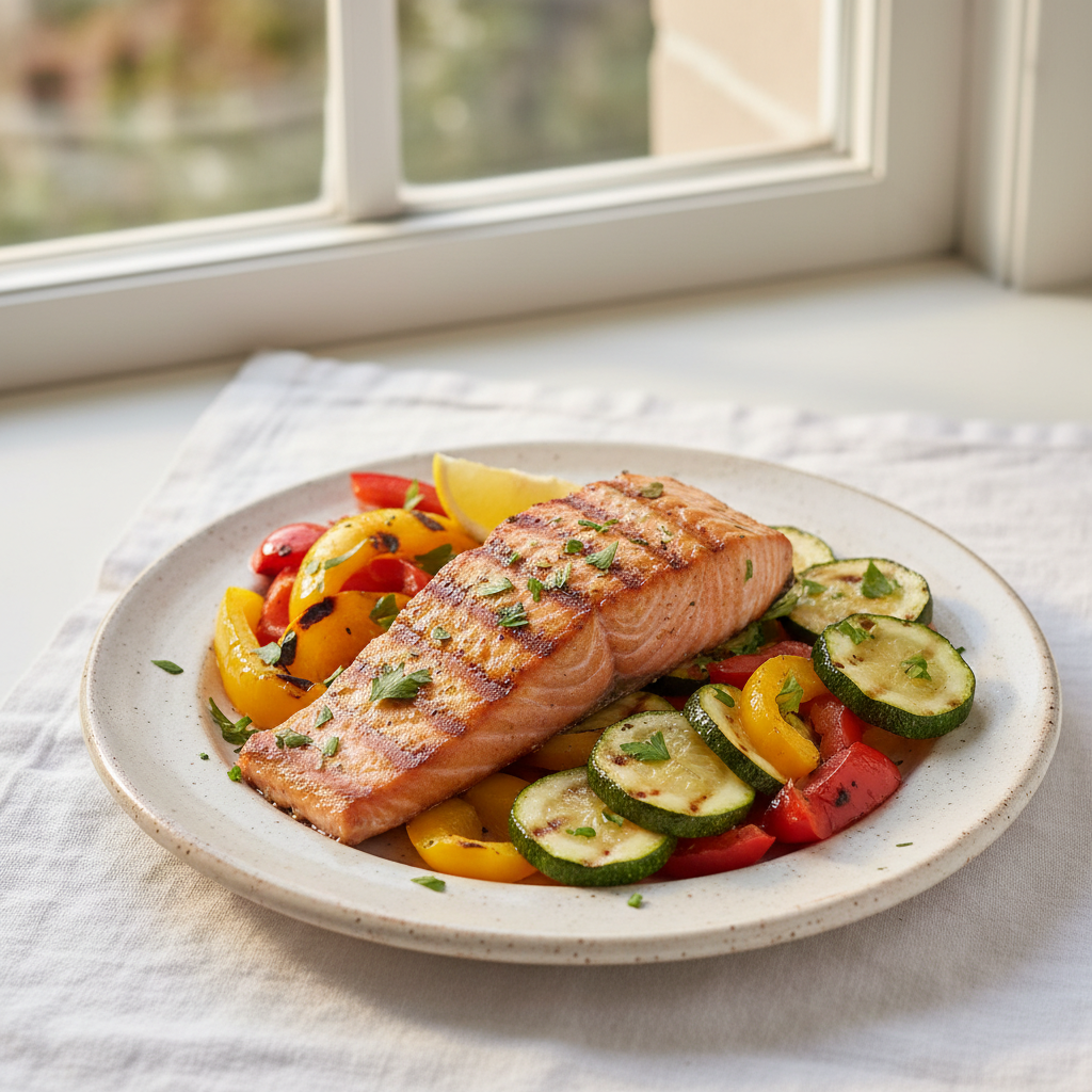 Saumon grillé aux courgettes et poivrons