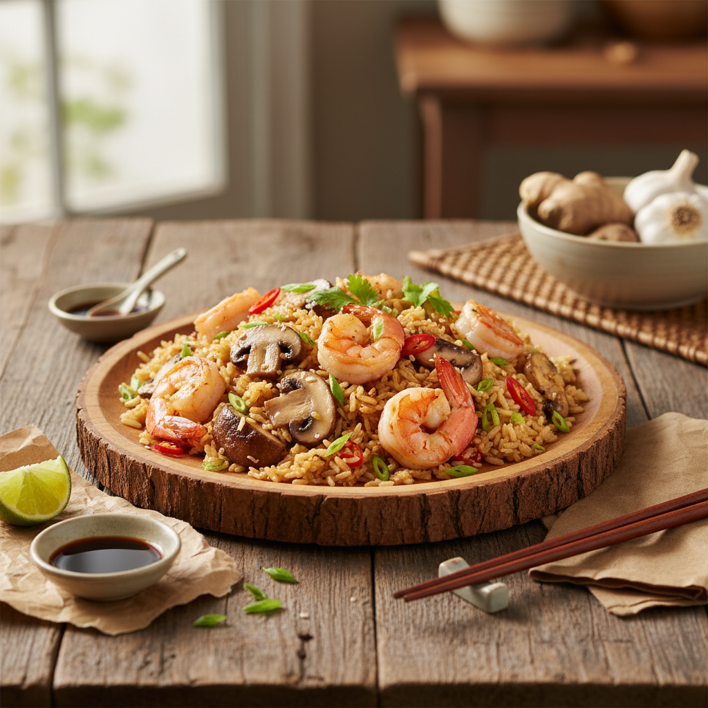 Riz sauté aux crevettes et champignons