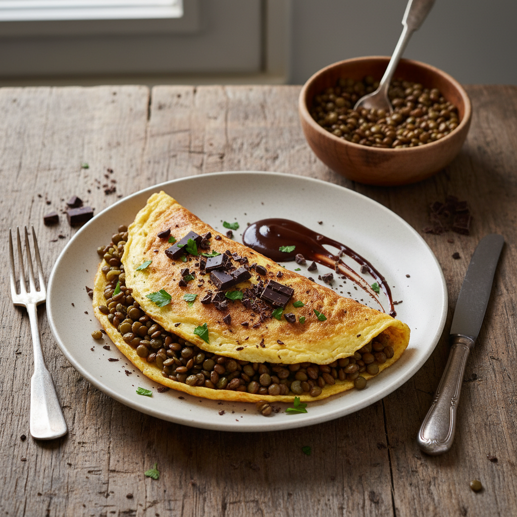 Omelette aux lentilles et chocolat noir (fusion sucré-salé)