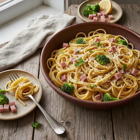 Carbonara-Style Pasta with Ham and Broccoli