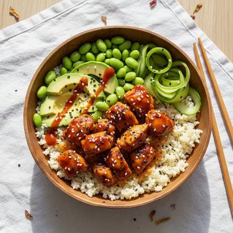 Poké Bowl mit Teriyaki-Hähnchen auf Blumenkohlreis