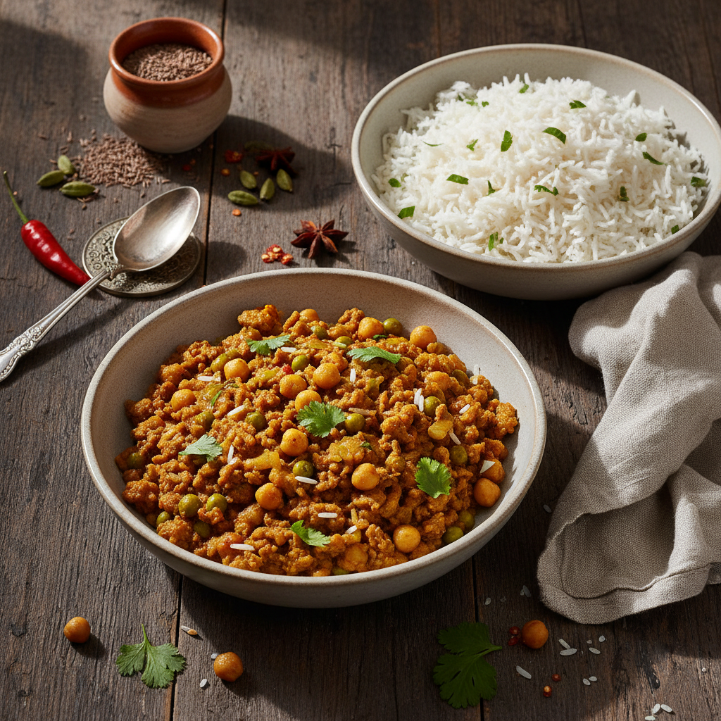 Curry de Viande Hachée avec Riz et Pois Chiches