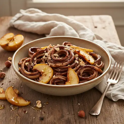 Nudeln mit Schokolade-Sahne und Früchten