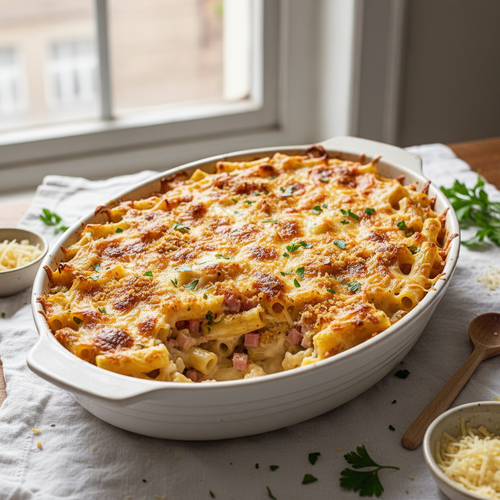 Gratin de Pâtes Jambon-Gruyère avec Sauce Béchamel