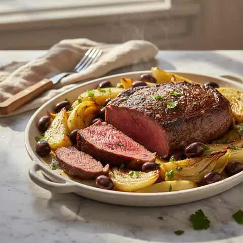 Roastbeef mit karamellisiertem Fenchel und schwarzen Oliven