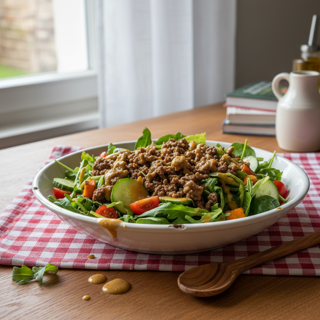 Salade gourmande à la viande hachée et vinaigrette miel-moutarde