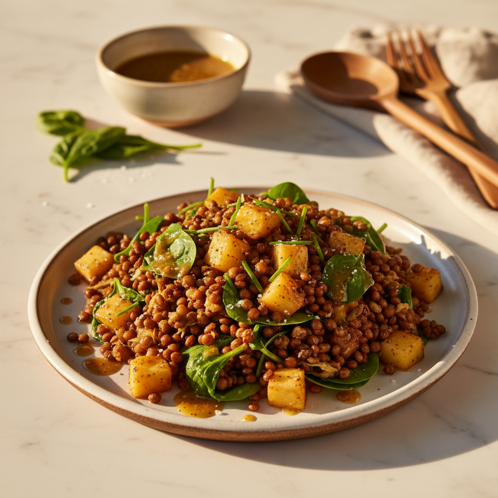 Salade Chaude aux Pommes et Lentilles Rôties