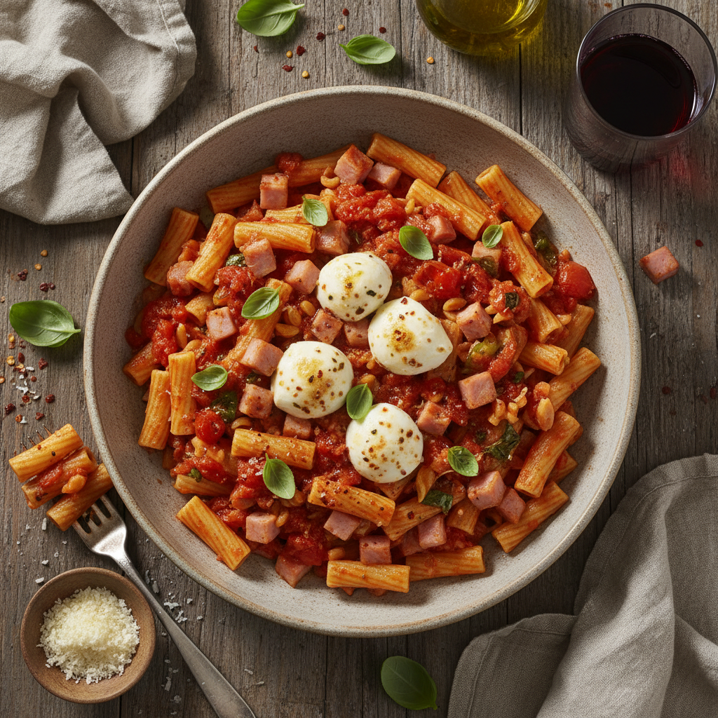 Pâtes al pomodoro avec jambon et mozzarella