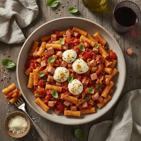 Pasta al pomodoro mit Schinken und Mozzarella