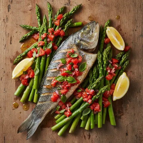 Grilled Sea Bass with Asparagus and Tomato Vinaigrette