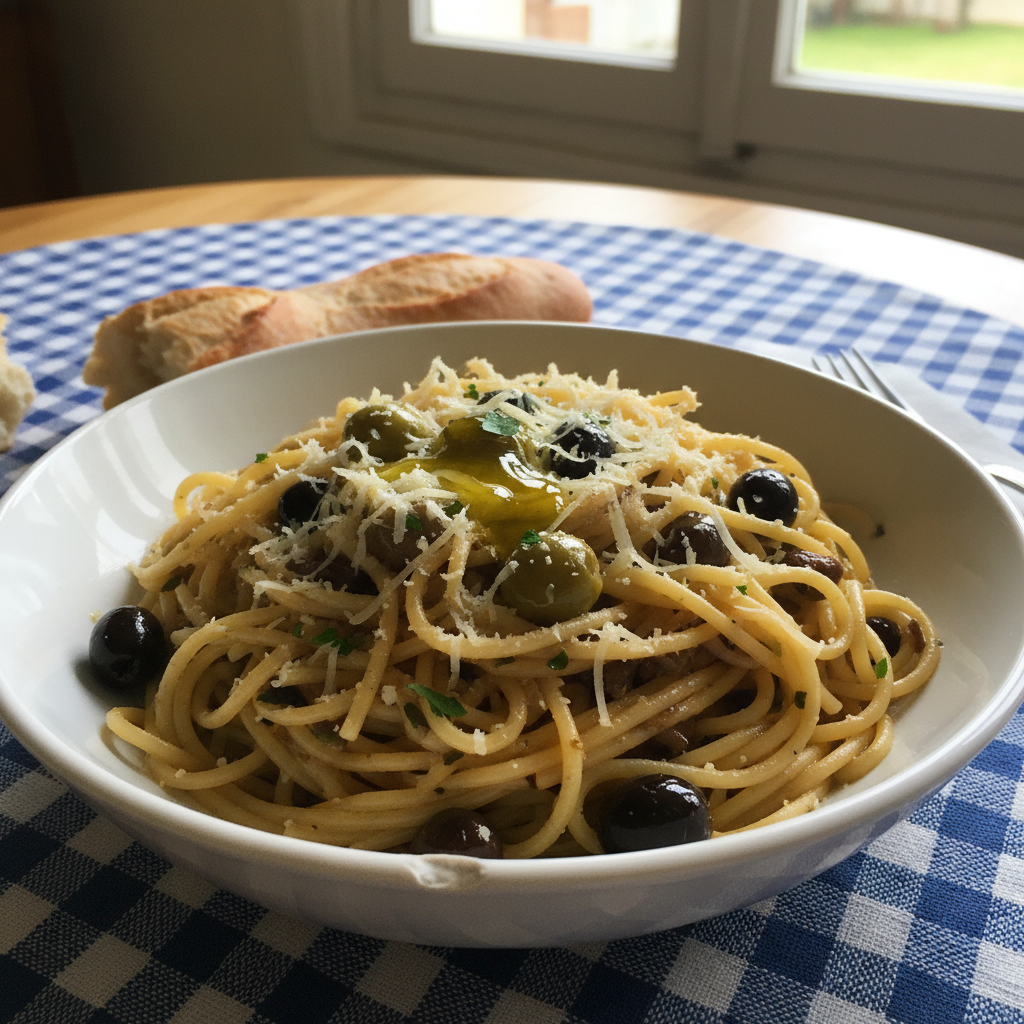 Spaghettis aux Olives et Gruyère