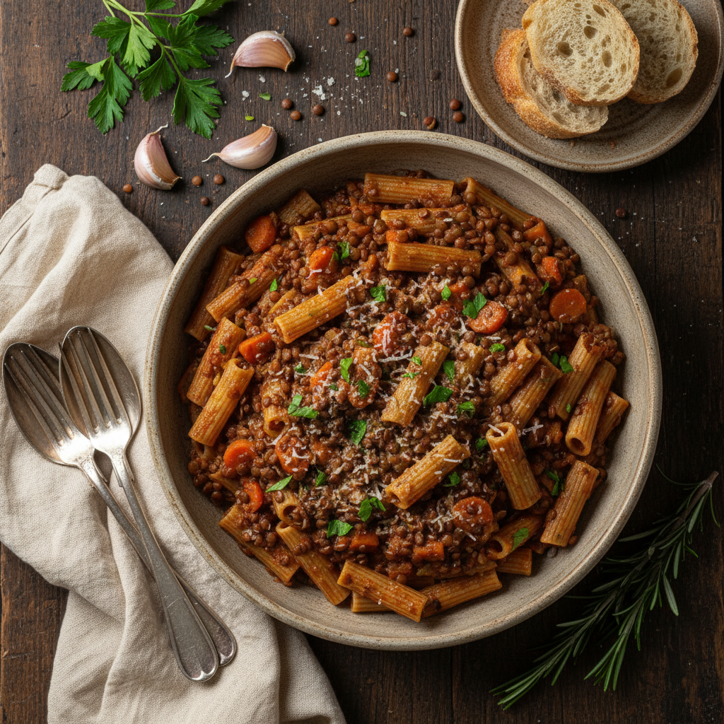 Pâtes Italiennes Lentilles-Carottes et Ail