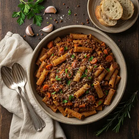 Italienische Nudeln mit Linsen, Karotten und Knoblauch
