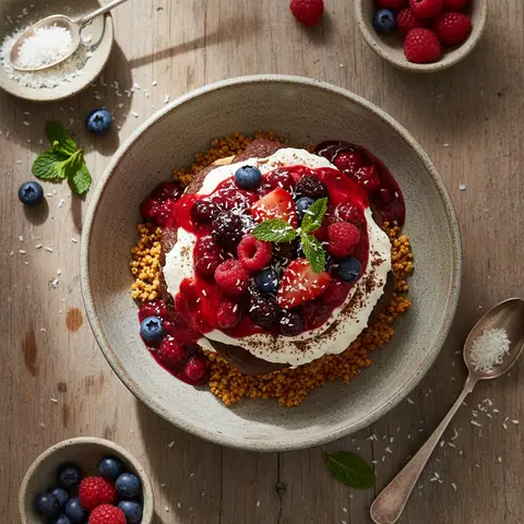 Tiramisu Fusion Schokolade-Kokosnuss mit Roter-Früchte-Coulis