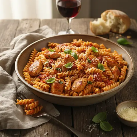 Pasta mit Tomatensauce und Huhn