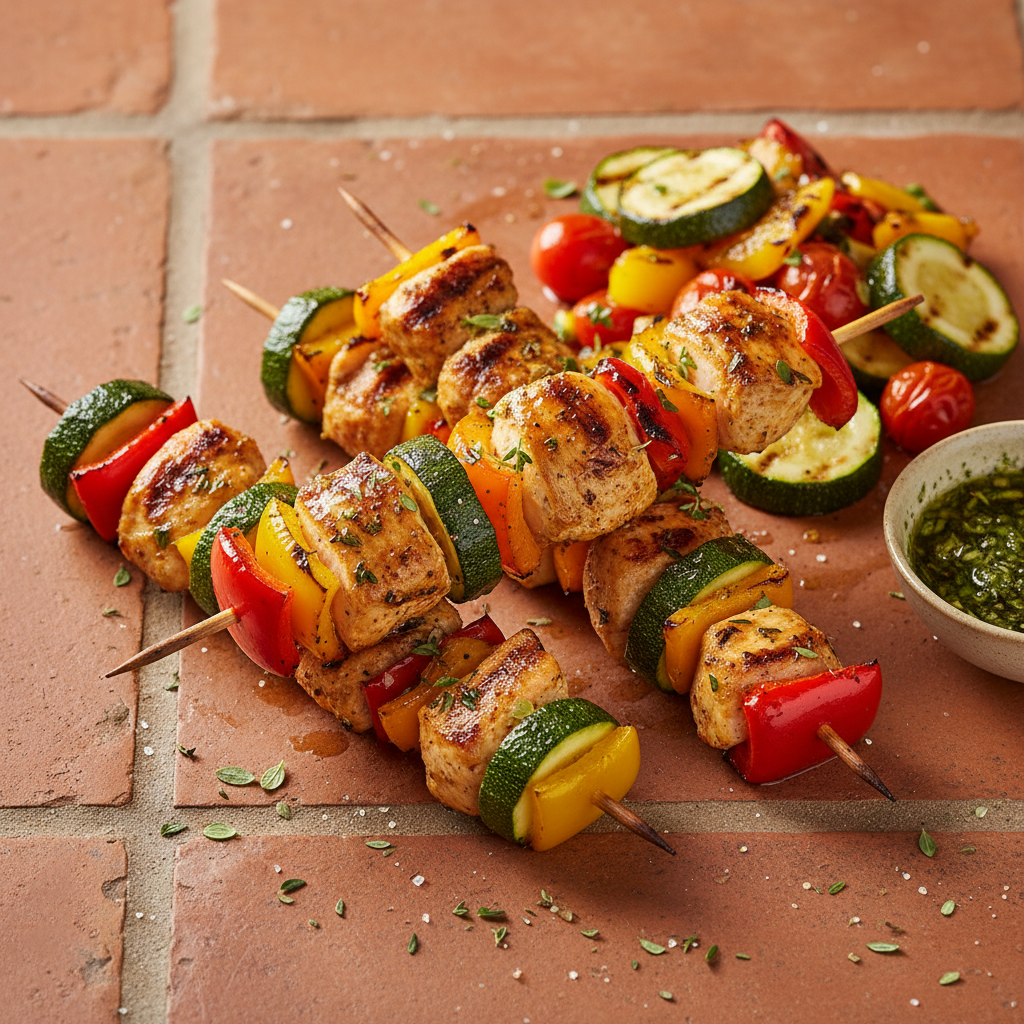 Brochettes de poulet grillé aux courgettes et poivrons
