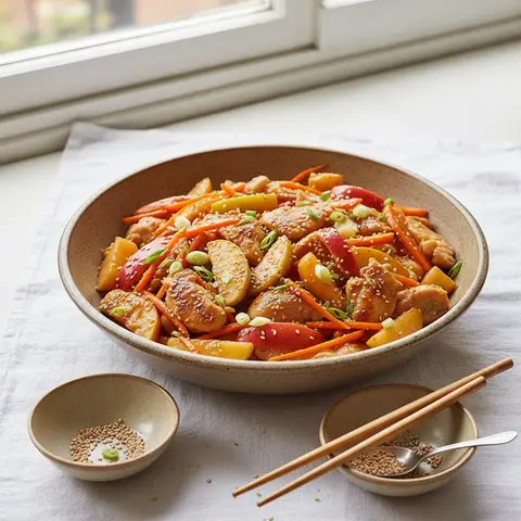 Gebratenes Hühnchen mit Karotten und Äpfeln
