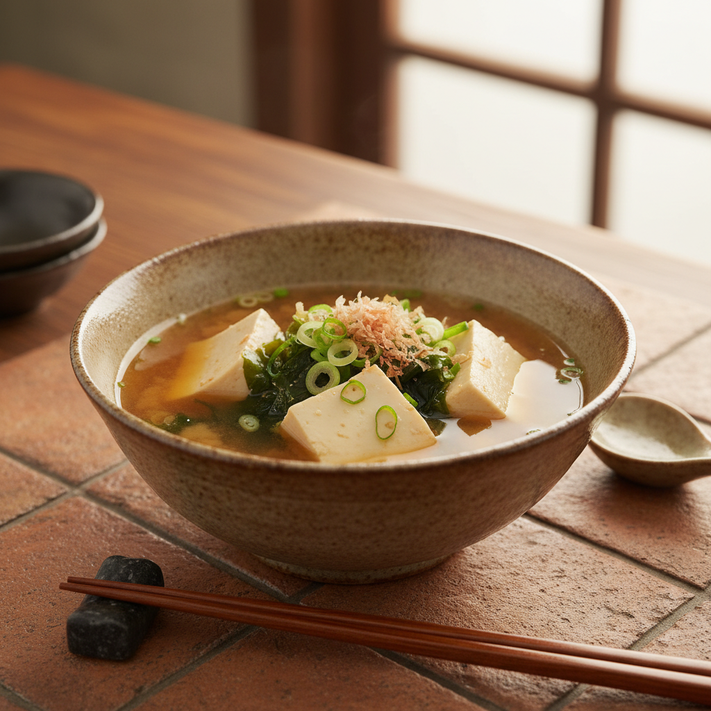Soupe miso au tofu soyeux et wakame