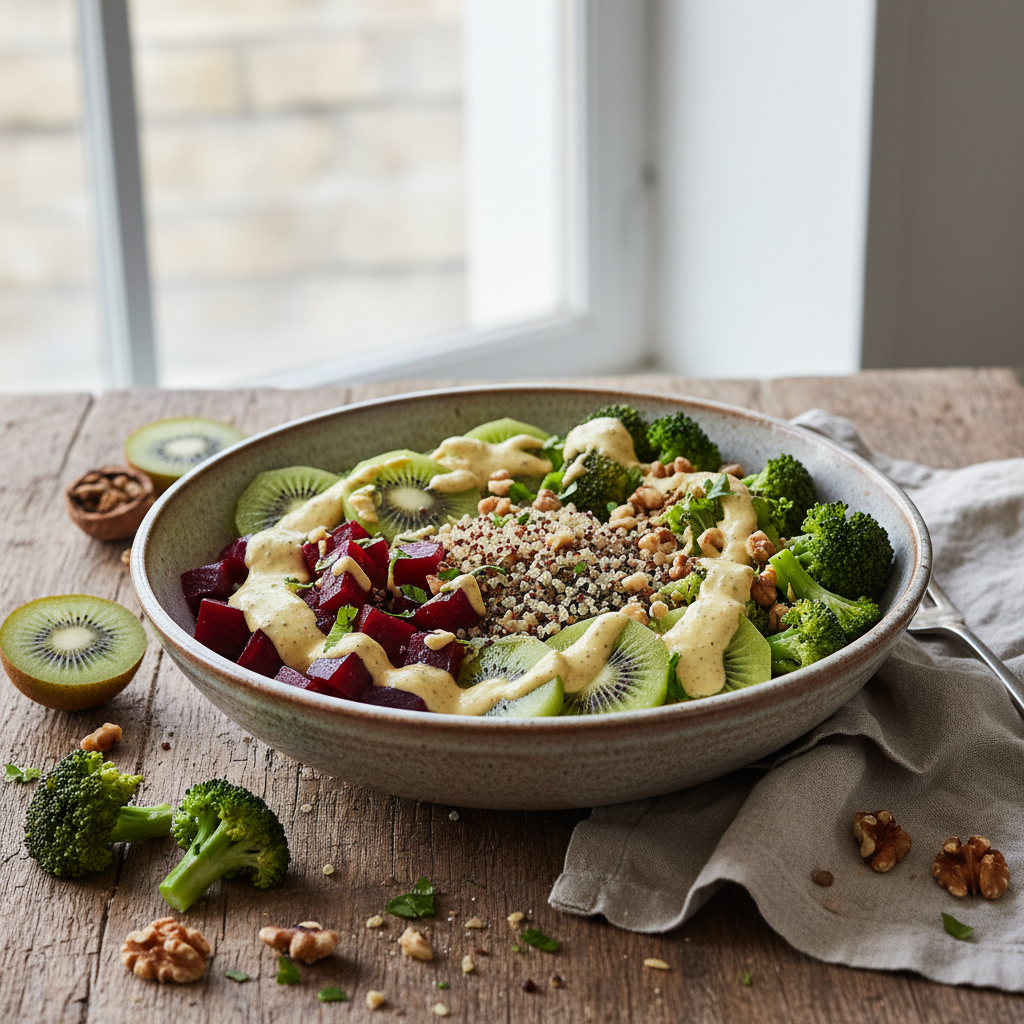 Bol Buddha Quinoa-Kiwi avec Creme de Noix Moutarde