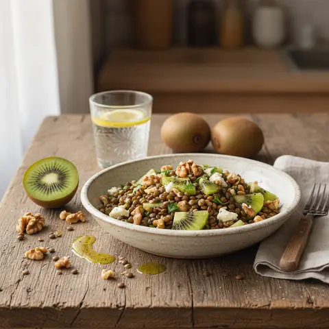 Linsensalat mit Nüssen und Kiwis
