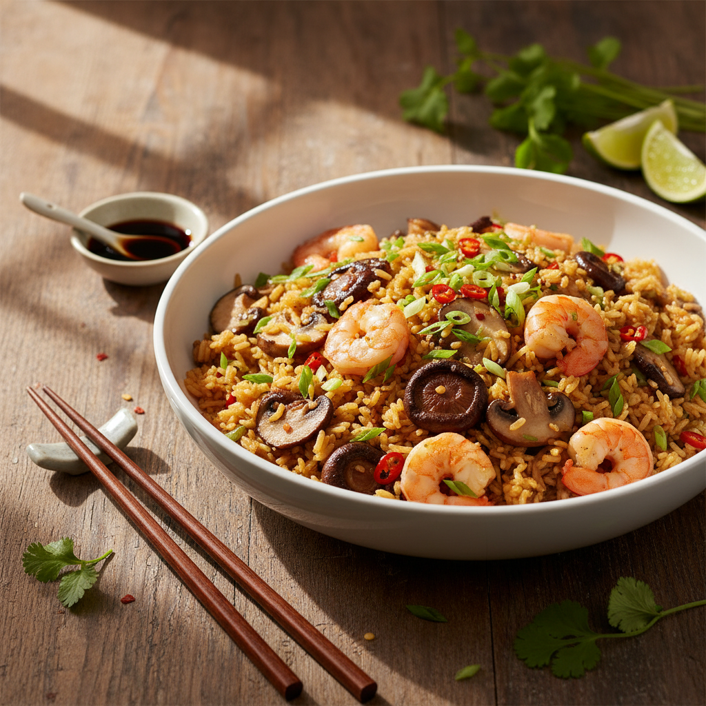 Riz sauté aux crevettes et champignons